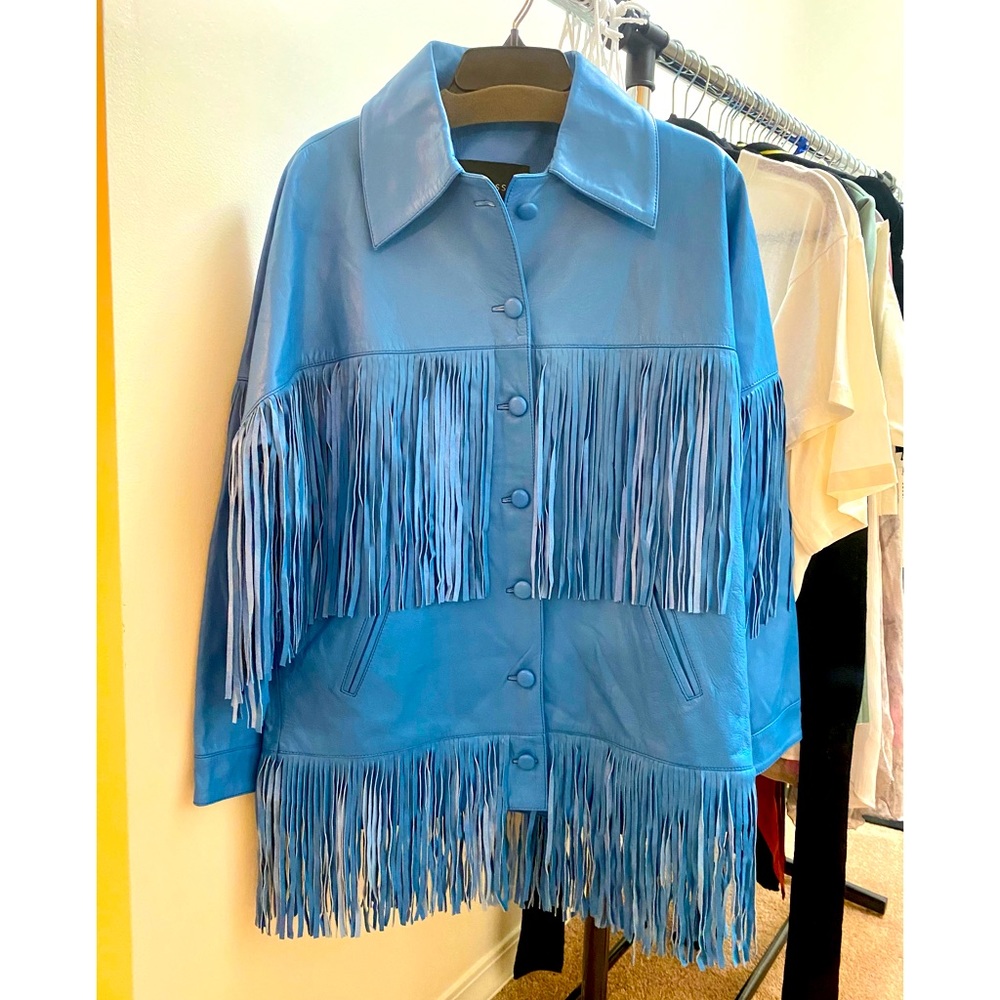 Dan Cassab Loretta Lamb Fringe Jacket, blue, $1680